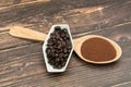 Roasted coffee beans, ground coffee, Cup of coffee, Wooden spoon with roasted coffee Royalty Free Stock Photo
