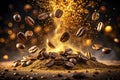 Roasted coffee beans and ground explosion Royalty Free Stock Photo