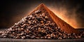 Roasted coffee beans and ground coffee powder forming a pyramid shape against a dark background with subtle lighting effects. Royalty Free Stock Photo
