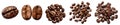 Roasted coffee beans, group stack heap flat lay top view on transparent background cutout, PNG