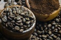 Roasted Coffee beans on grunge wooden can be used as a background