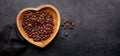 Roasted coffee beans in heart shaped bowl Royalty Free Stock Photo