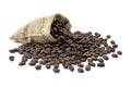 Roasted coffee beans and hemp bag. isolated on a white background. Royalty Free Stock Photo