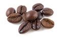 Roasted coffee beans isolated on white background. Full focus