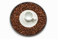 Black dish isolated on white background. A mockup of black dishes on a white background. View from above.Roasted coffee beans isol