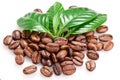 Roasted coffee beans and leaves. Royalty Free Stock Photo