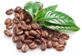 Roasted coffee beans and leaves. Royalty Free Stock Photo