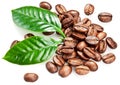 Roasted coffee beans and leaves. Royalty Free Stock Photo