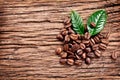 Roasted coffee beans and leaves. Royalty Free Stock Photo