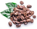 Roasted coffee beans and leaves on white background. Royalty Free Stock Photo