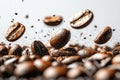 Roasted Coffee Beans In Mid-Air With Coffee Grounds. Dynamic Capture Of Coffee Aroma And Freshness Royalty Free Stock Photo