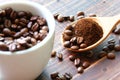 Roasted coffee beans mix ground coffee on wooden spoon , roasted coffee beans on retro wood floor Royalty Free Stock Photo