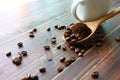 Roasted coffee beans mix ground coffee on wooden spoon , roasted coffee beans on retro wood floor Royalty Free Stock Photo