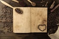 Roasted coffee beans on old vintage open book. Royalty Free Stock Photo