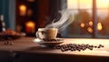 Roasted coffee beans over a wood table and a cup of hot smoking coffee. Cuisine photography. Food pictures. Menu photos.