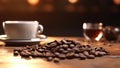 Roasted coffee beans over a wood table and a cup of hot smoking coffee. Cuisine photography. Food pictures. Menu photos.