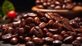 Roasted coffee beans prepared to make a very good coffee drink shot. Generative AI