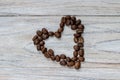 Roasted coffee beans in a shape of a heart on wooden background. Royalty Free Stock Photo