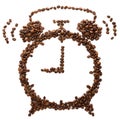 Roasted coffee beans shaped as ringing alarm clock Royalty Free Stock Photo