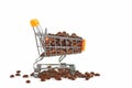 Roasted coffee beans in small shopping cart  isolate on white background Royalty Free Stock Photo