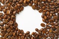 Roasted coffee beans texture and macro top view edge circle surrounded encircle from stripes with copy space for text or logo in