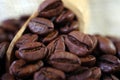 Roasted coffee beans in a wooden scoop close-up. selective focus Royalty Free Stock Photo