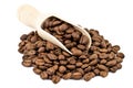 Roasted coffee beans in wooden scoop on white Royalty Free Stock Photo