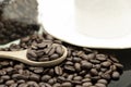 Roasted coffee beans in wooden spoon and spread on black table with white coffee cup Royalty Free Stock Photo