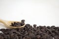 Roasted coffee beans and a wooden spoon on white background Royalty Free Stock Photo