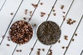 Roasted coffee grains and dried black tea on a wooden table. The problem of choosing a drink