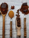 Roasted coffee, ground, beans and instant coffee on vintage spoons with the Addition of pieces of chocolate and spices Royalty Free Stock Photo