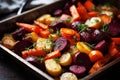 Roasted colorful autumn vegetables. Vegan cuisine. Grilled mixed vegetables. Generative AI