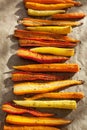 Roasted colorful carrots on baking sheet