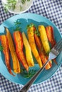 Roasted colorful carrots on plate