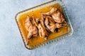 Roasted Crispy Quail Meat in Glass Bowl / Fried Small Chickens. Royalty Free Stock Photo