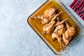 Roasted Crispy Quail Meat in Glass Bowl / Fried Small Chickens. Royalty Free Stock Photo