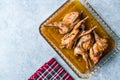 Roasted Crispy Quail Meat in Glass Bowl / Fried Small Chickens. Royalty Free Stock Photo