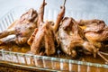 Roasted Crispy Quail Meat in Glass Bowl / Fried Small Chickens.