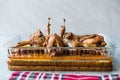 Roasted Crispy Quail Meat in Glass Bowl / Fried Small Chickens. Royalty Free Stock Photo