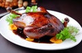 Roasted duck dish plate. Generate ai