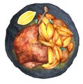 Roasted duck leg confit with baked potatoes on a dark background