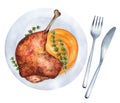 Roasted duck leg confit with pumpkin puree. Watercolor illustration