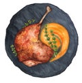 Roasted duck leg confit with pumpkin puree watercolor Royalty Free Stock Photo