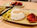 Roasted Duck or Peking duck with streamed rice. Closeup, Chinese style food served with vegetable in plate on wooden table. China.