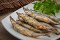 Roasted fish capelin or shishamo on plate Royalty Free Stock Photo