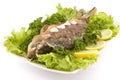 Roasted fish with fresh herbs and lemon. Selective focus