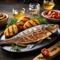 Roasted fish and potatoes, served on dish tray