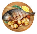 Roasted fish and potatoes, served on wooden tray