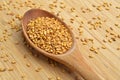 Roasted organic sesame seeds, in wooden spoon on bamboo cutting board Royalty Free Stock Photo