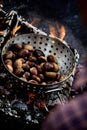 Roasted fresh sweet chestnuts on hot coals Royalty Free Stock Photo